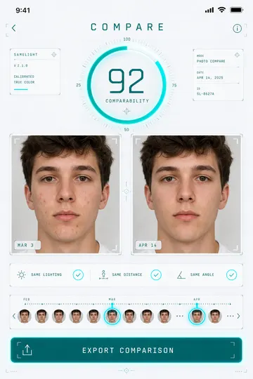 SameLight compare screen: a glowing ring showing a comparability score of 92 above two dated face photos, with same lighting, same distance and same angle all ticked