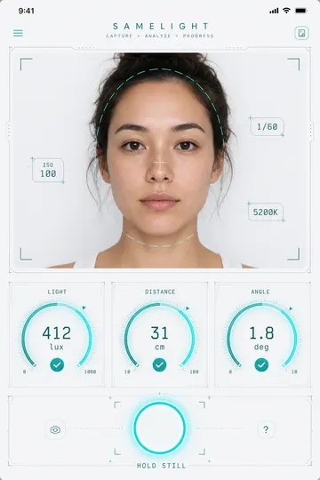 SameLight capture screen: a face in the viewfinder with ISO, shutter and white-balance chips, and three gauges reading 412 lux, 31 cm and 1.8 degrees